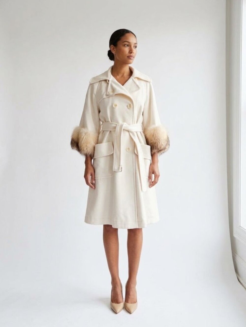BCBGMAXAZRIA Ivory Wool Blend Trench Coat Raccoon Fur Cuffs Belted S